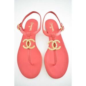 Chanel 20C Red Lambskin Gold CC Logo Mule Ankle Strap Thong Sandal Flat 36.5C